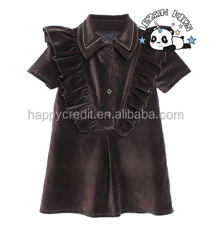 LEZONKIDS - Custom A-line Princess Ruffle Short Sleeves Brown Silk Velvet Dress Shirt for Girls